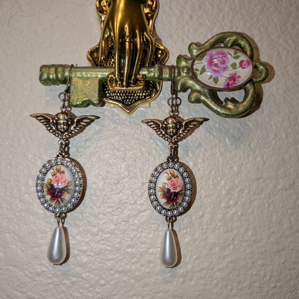 Floral Angel Wing Drop Earrings with Pearls